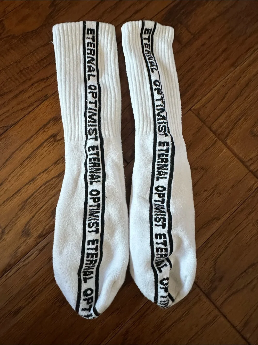 White Crew Socks with Black Stripe and Text